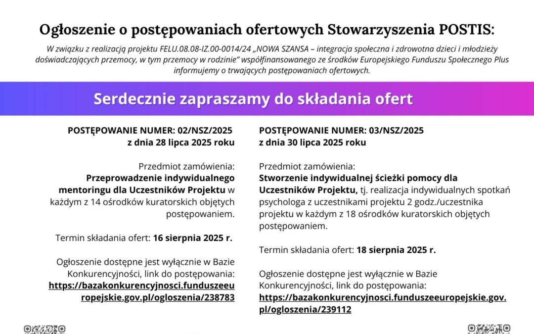 Ogłoszenie o postępowaniach ofertowych Stowarzyszenia POSTIS