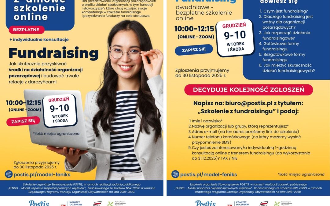 Bezpłatne szkolenie online “Fundraising – jak skutecznie pozyskiwać środki na działalność NGO” 9-10.12.2025.